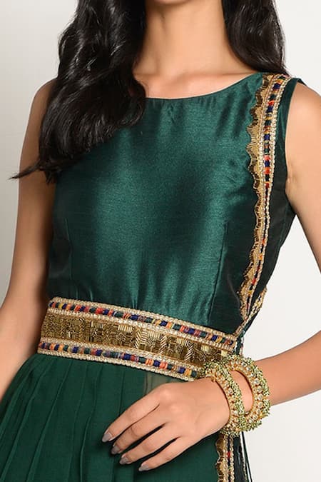 Buy_Rishi and Vibhuti_Green Georgette, Dupion Round Pleated Tunic And Pant Set _Online_at_Aza_Fashions