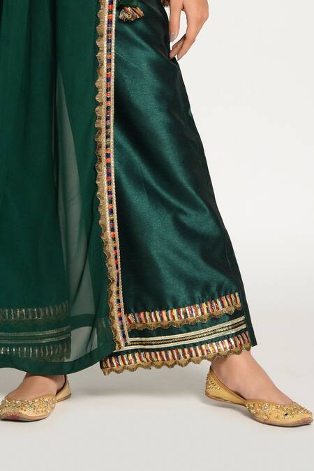 Shop_Rishi and Vibhuti_Green Georgette, Dupion Round Pleated Tunic And Pant Set _Online_at_Aza_Fashions