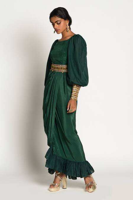 Rishi and Vibhuti_Green Crepe Boat Draped Gown With Belt_Online_at_Aza_Fashions