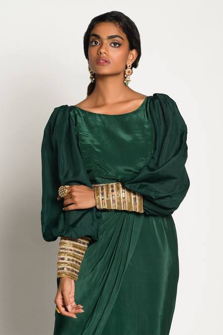 Buy_Rishi and Vibhuti_Green Crepe Boat Draped Gown With Belt_Online_at_Aza_Fashions