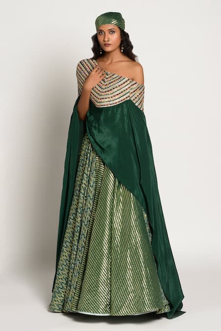 Buy_Rishi and Vibhuti_Green Chanderi, Crepe, Jacquard Asymmetric Draped Cape And Skirt Set _Online_at_Aza_Fashions