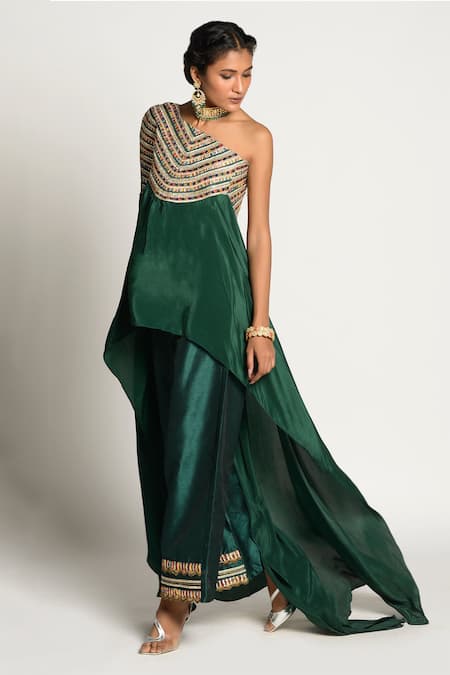 Buy_Rishi and Vibhuti_Green Crepe, Dupion Silk Asymmetric Draped Cape And Pant Set_Online_at_Aza_Fashions