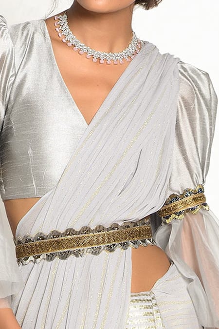 Shop_Rishi and Vibhuti_Grey Striped And Saree _Online_at_Aza_Fashions