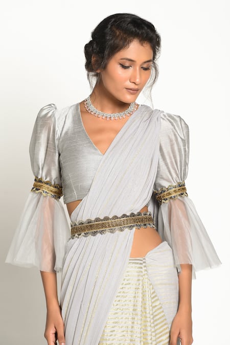 Buy Ivory Saree with Screen Printed Kali Pleats & Bell Sleeve Blouse |  Designer Wear | TheHLabel