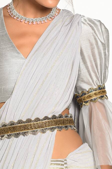 Rishi and Vibhuti_Grey Dupion Bell Sleeve Saree Blouse_Online_at_Aza_Fashions