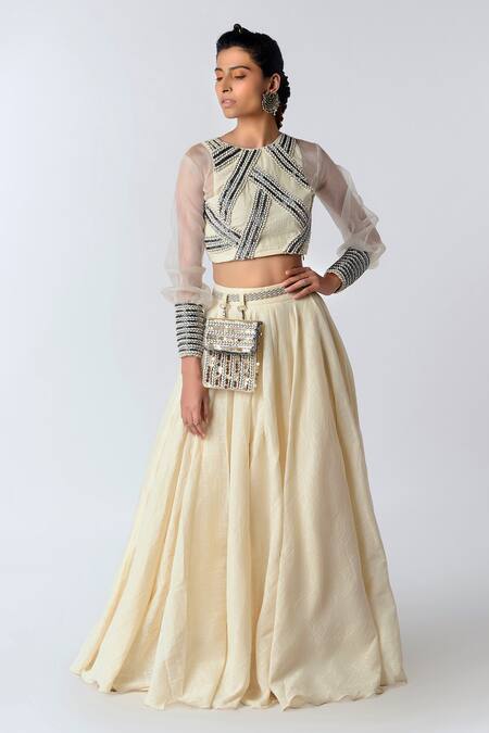 Shop_Rishi and Vibhuti_White Organza, Organic Cotton Round Embroidered Lehenga Set _Online_at_Aza_Fashions