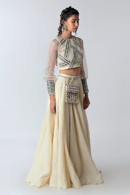 Rishi and Vibhuti_White Organza, Organic Cotton Round Embroidered Lehenga Set _Online_at_Aza_Fashions