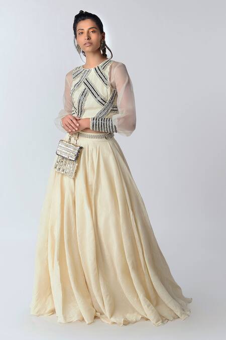 Buy_Rishi and Vibhuti_White Organza, Organic Cotton Round Embroidered Lehenga Set _Online_at_Aza_Fashions