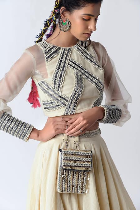 Rishi and Vibhuti_White Organza, Organic Cotton Round Embroidered Lehenga Set _at_Aza_Fashions