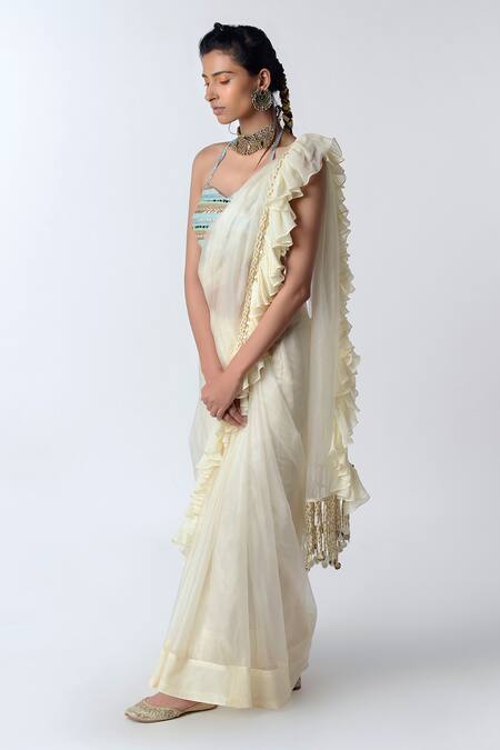 Buy Rishi and Vibhuti White Organza, Cotton Jute Sweetheart Neck Ruffle Saree Online at Aza Fashions Buy_Rishi and Vibhuti_White Organza, Cotton Jute Sweetheart Neck Ruffle Saree _Online_at_Aza_Fashions