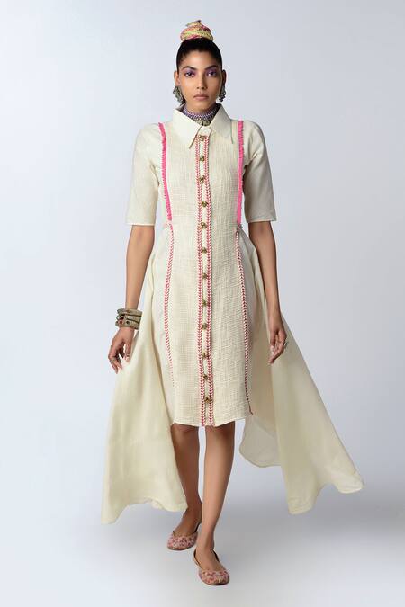 Rishi and Vibhuti_White Jute, Organic Cotton Straight Collar Shirt Dress_Online_at_Aza_Fashions