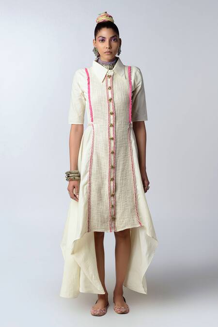 Buy_Rishi and Vibhuti_White Jute, Organic Cotton Straight Collar Shirt Dress_Online_at_Aza_Fashions