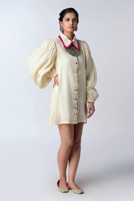 Shop_Rishi and Vibhuti_White Organic Cotton Straight Collar Shift Dress_Online_at_Aza_Fashions