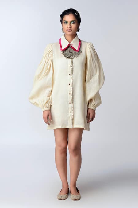 Rishi and Vibhuti_White Organic Cotton Straight Collar Shift Dress_Online_at_Aza_Fashions