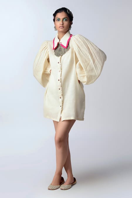 Buy_Rishi and Vibhuti_White Organic Cotton Straight Collar Shift Dress_Online_at_Aza_Fashions