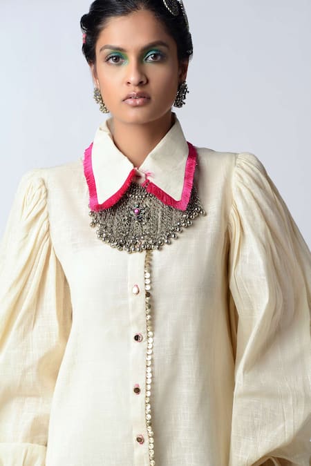 Rishi and Vibhuti White Organic Cotton Straight Collar Shift Dress at Aza Fashions Rishi and Vibhuti_White Organic Cotton Straight Collar Shift Dress_at_Aza_Fashions