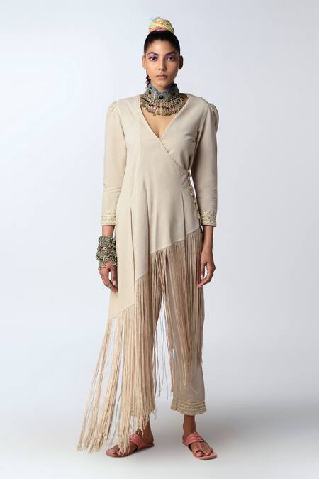 Shop_Rishi and Vibhuti_Beige Lurex Cotton Surplice Asymmetric Angrakha Set _at_Aza_Fashions