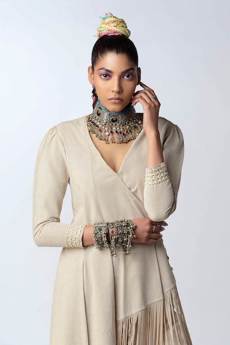 Rishi and Vibhuti_Beige Lurex Cotton Surplice Asymmetric Angrakha Set _Online_at_Aza_Fashions