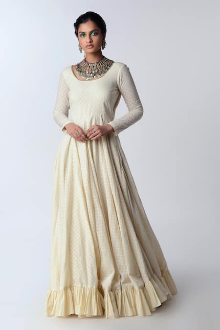 Rishi and Vibhuti_White Jute, Organic Cotton Scoop Neck Anarkali With Dupatta_Online_at_Aza_Fashions