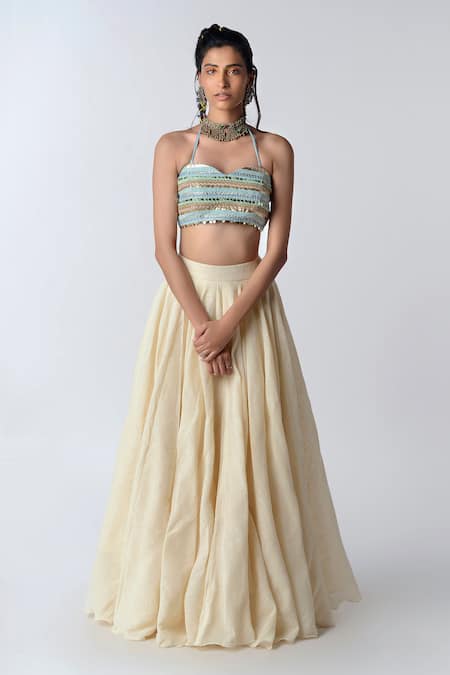 Rishi and Vibhuti_White Organza, Organic Cotton Sweetheart Neck Embroidered Lehenga Set _Online_at_Aza_Fashions