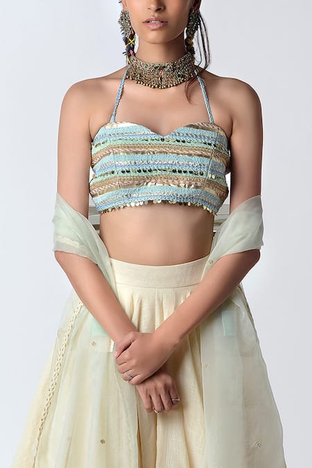 Buy_Rishi and Vibhuti_White Organza, Organic Cotton Sweetheart Neck Embroidered Lehenga Set _Online_at_Aza_Fashions