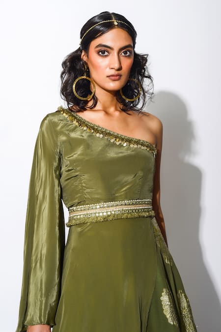 Rishi and Vibhuti_Green Foiling Georgette And Crepe Lining Taxo Print, Kurta Lehenga Set_Online_at_Aza_Fashions