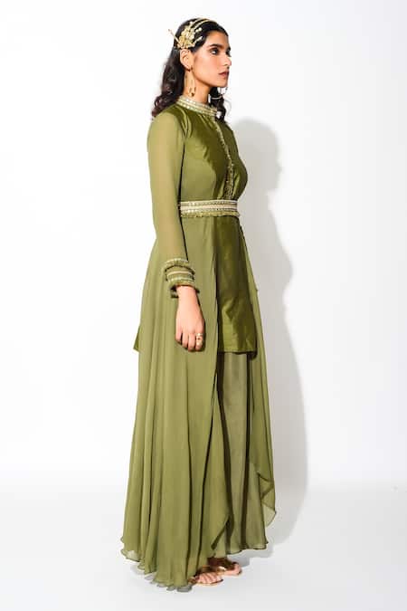 Rishi and Vibhuti_Green Raw Silk, Georgette And Crepe Lining Taxo Asymmetric Kurta & Palazzo Set_Online_at_Aza_Fashions