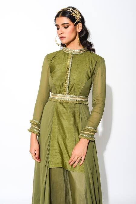 Buy_Rishi and Vibhuti_Green Raw Silk, Georgette And Crepe Lining Taxo Asymmetric Kurta & Palazzo Set_Online_at_Aza_Fashions