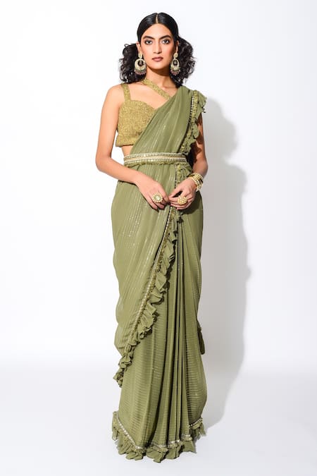 Rishi and Vibhuti Shimmer Ruffle Saree With Blouse 