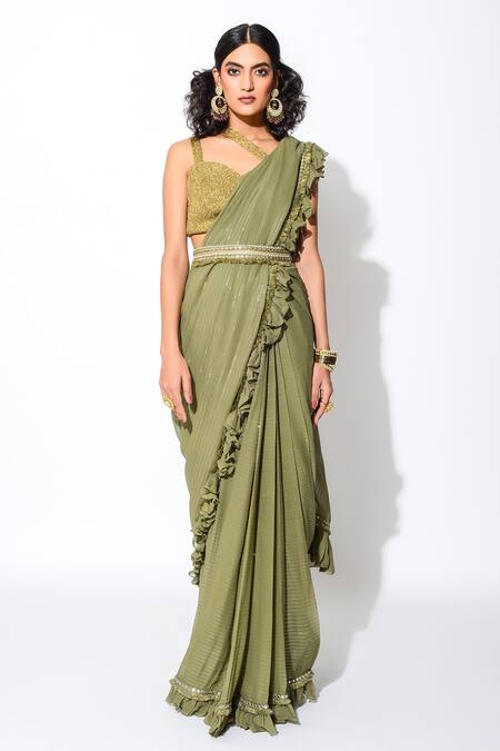 Rishi and Vibhuti Green Lurex, Georgette And Crush Gold Lining Shimmer Ruffle Saree With Blouse Online at Aza Fashions Rishi and Vibhuti_Green Lurex, Georgette And Crush Gold Lining Shimmer Ruffle Saree With Blouse _Online_at_Aza_Fashions