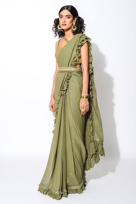 Buy Rishi and Vibhuti Green Lurex, Georgette And Crush Gold Lining Shimmer Ruffle Saree With Blouse Online at Aza Fashions Buy_Rishi and Vibhuti_Green Lurex, Georgette And Crush Gold Lining Shimmer Ruffle Saree With Blouse _Online_at_Aza_Fashions