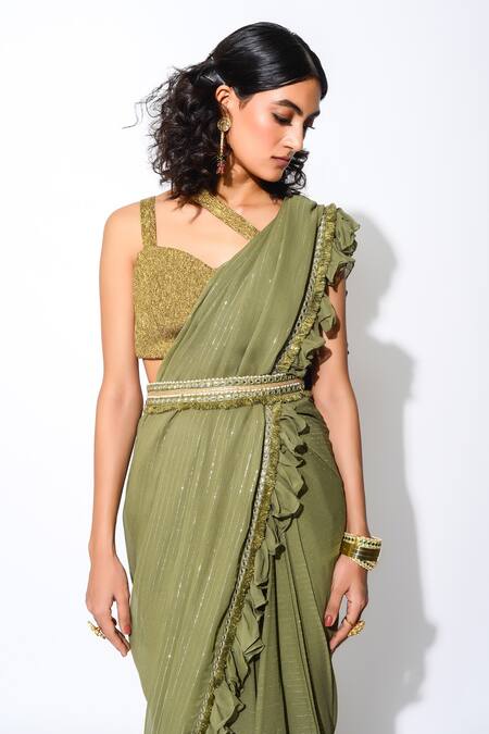 Shop Rishi and Vibhuti Green Lurex, Georgette And Crush Gold Lining Shimmer Ruffle Saree With Blouse Online at Aza Fashions Shop_Rishi and Vibhuti_Green Lurex, Georgette And Crush Gold Lining Shimmer Ruffle Saree With Blouse _Online_at_Aza_Fashions