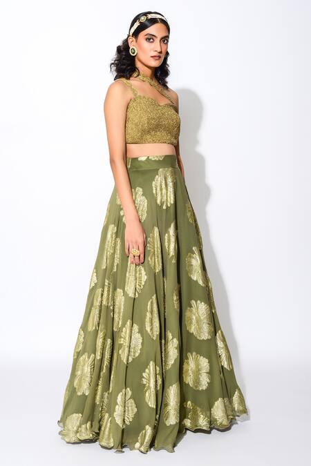 Rishi and Vibhuti_Green Foiling Georgette And Crush Gold Lining One Shoulder Blouse & Lehenga Set_Online_at_Aza_Fashions