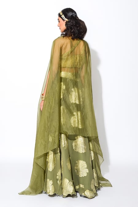 Shop Rishi and Vibhuti Green Foiling Georgette, Organza And Crush Gold Lining Taxo Cape & Lehenga Set at Aza Fashions Shop_Rishi and Vibhuti_Green Foiling Georgette, Organza And Crush Gold Lining Taxo Cape & Lehenga Set_at_Aza_Fashions