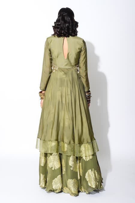 Shop Rishi and Vibhuti Green Foiling Georgette, Organza And Crepe Side Cutout Anarkali & Lehenga Set at Aza Fashions Shop_Rishi and Vibhuti_Green Foiling Georgette, Organza And Crepe Side Cutout Anarkali & Lehenga Set _at_Aza_Fashions