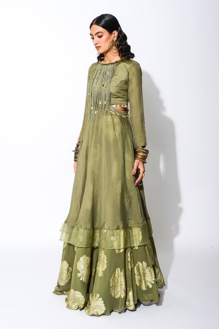 Rishi and Vibhuti Green Foiling Georgette, Organza And Crepe Side Cutout Anarkali & Lehenga Set Online at Aza Fashions Rishi and Vibhuti_Green Foiling Georgette, Organza And Crepe Side Cutout Anarkali & Lehenga Set _Online_at_Aza_Fashions