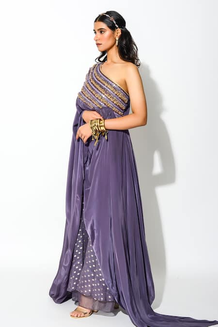 Rishi and Vibhuti_Purple Georgette And Crepe Lining Taxo Foil Print, Mirror, Cape & Pant Set _Online_at_Aza_Fashions