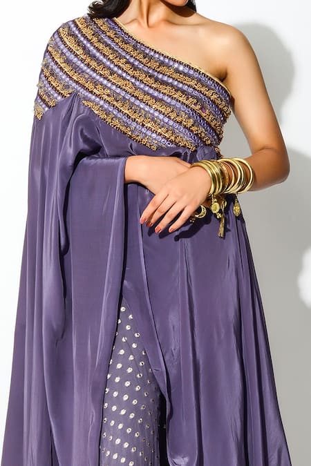 Buy_Rishi and Vibhuti_Purple Georgette And Crepe Lining Taxo Foil Print, Mirror, Cape & Pant Set _Online_at_Aza_Fashions