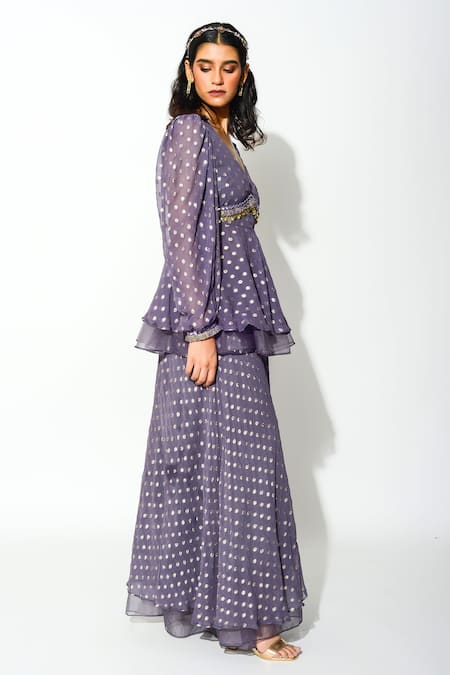 Rishi and Vibhuti_Purple Georgette And Organza Lining Taxo Polka Dot Peplum Top & Flared Pant Set_Online_at_Aza_Fashions
