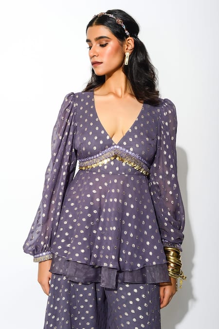Buy_Rishi and Vibhuti_Purple Georgette And Organza Lining Taxo Polka Dot Peplum Top & Flared Pant Set_Online_at_Aza_Fashions