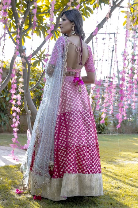 Shop_Rishi and Vibhuti_Pink Raw Silk, Net, Chanderi V Neck Embroidered Lehenga Set _at_Aza_Fashions