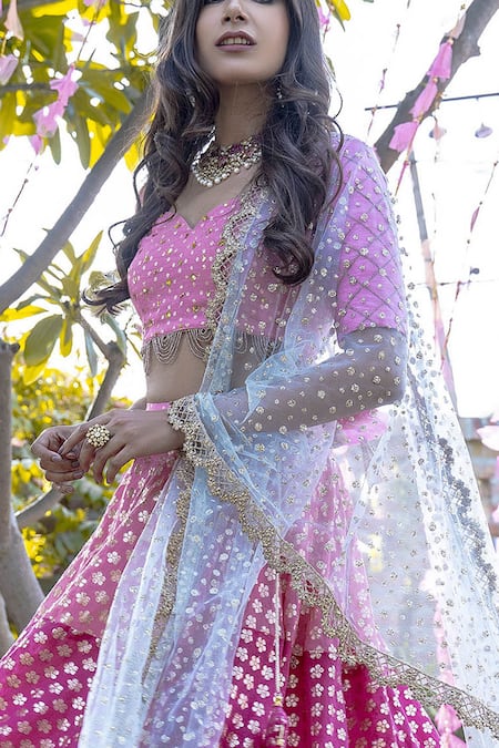 Rishi and Vibhuti_Pink Raw Silk, Net, Chanderi V Neck Embroidered Lehenga Set _Online_at_Aza_Fashions