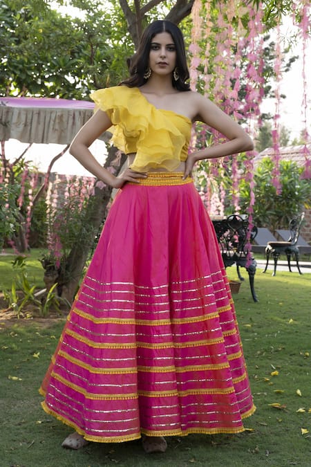 Rishi and Vibhuti Pink Organza Asymmetric Ruffle Top And Lehenga Set 