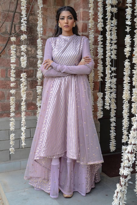 Rishi and Vibhuti_Purple Organza, Chanderi, Crepe, Georgette Round Anarkali Palazzo Set _Online_at_Aza_Fashions
