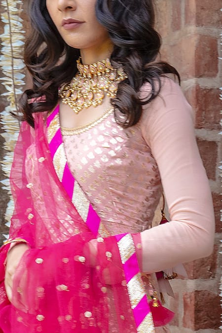 Rishi and Vibhuti Pink Net, Chanderi Silk Round Anarkali With Dupatta Online at Aza Fashions Rishi and Vibhuti_Pink Net, Chanderi Silk Round Anarkali With Dupatta _Online_at_Aza_Fashions