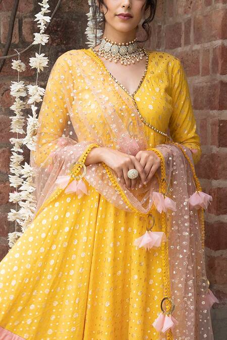 Rishi and Vibhuti_Yellow Net, Chanderi, Georgette V Neck Angrakha With Dupatta_Online_at_Aza_Fashions