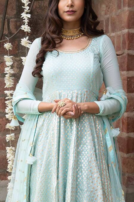Rishi and Vibhuti_Blue Net, Georgette, Chanderi Silk Round Anarkali With Dupatta _Online_at_Aza_Fashions