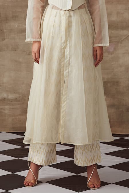 Shop_Rishi and Vibhuti_White Organza, Organic Cotton Jacquard Geometric Calla Lilly Pant Set With Cape_Online_at_Aza_Fashions