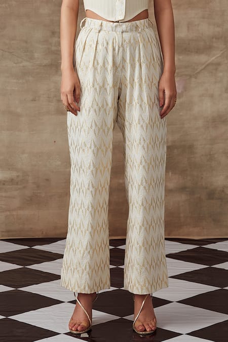 Buy_Rishi and Vibhuti_White Organic Cotton Jacquard Geometric Motifs Collared Corset Top And Pant Set_Online_at_Aza_Fashions
