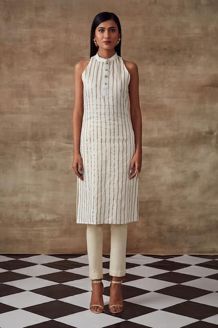 Rishi and Vibhuti_White Organic Cotton, Self Pattern Sequins Halter Crossandra Kurta Set_Online_at_Aza_Fashions